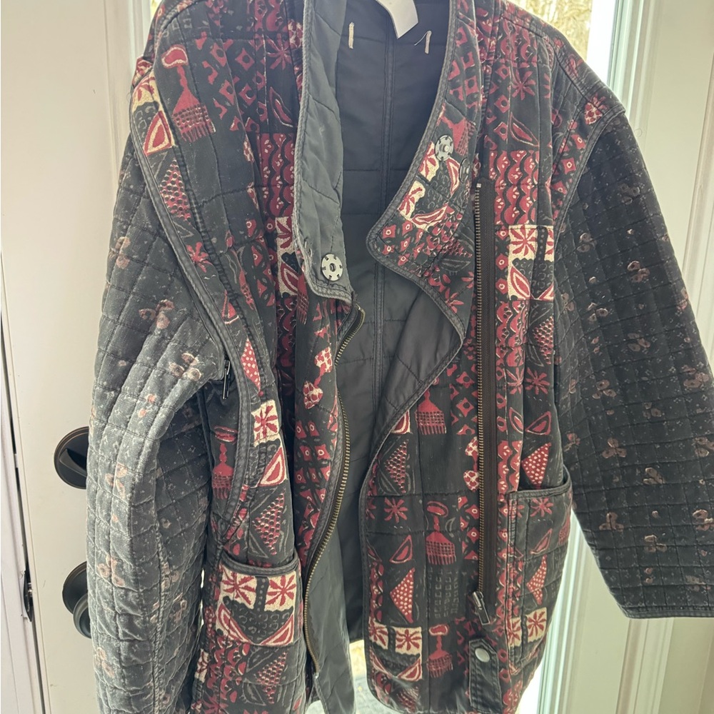 Free People Black and Red Patterned Jacket with Removable Sleeves